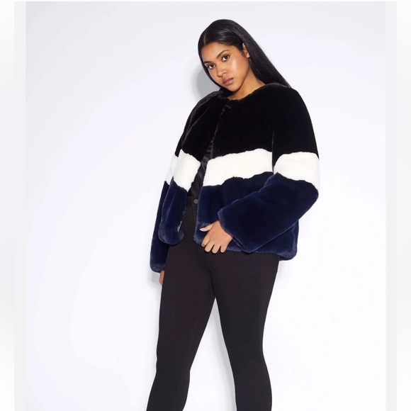 Apparis Brigitte Colorblock Faux Fur Jacket Coat In Black, Cream & Navy small - Picture 1 of 9